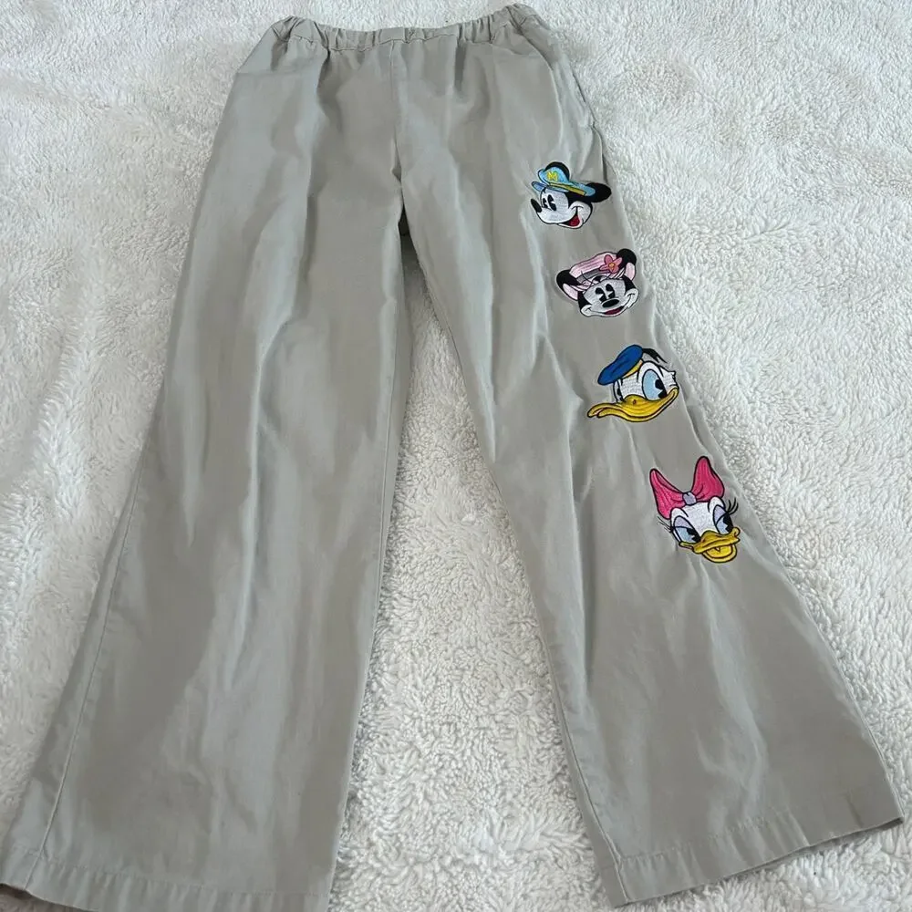 Vtg Disney Khaki Drawstring Pants 38 Embroidered Fun Streetwear Granola Tomato - Picture 2 of 7